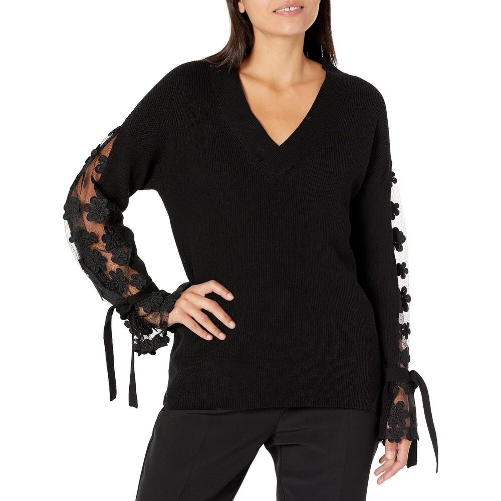 French Connection Navy V-Neck Sweater Lace Bell Sleeve Tie Top M Romantic Hobo